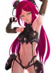  1girl action_taimanin armpits arms_up bangs breasts elbow_gloves fishnets gloves glowing highres impossible_clothes long_hair looking_at_viewer navel open_mouth oshiza parted_bangs red_hair revealing_clothes shiny shiny_clothes shiny_hair shiny_skin simple_background solo standing su_jinlei taimanin_(series) taimanin_suit white_background yellow_eyes 