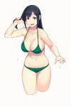  1girl :d alternate_costume bangs bikini black_hair breasts cleavage collarbone commentary_request cowboy_shot cropped_legs eyebrows_visible_through_hair green_bikini green_eyes highres kantai_collection large_breasts long_hair looking_at_viewer navel open_mouth simple_background smile solo souryuu_(kantai_collection) swimsuit white_background yuuji_(and) 
