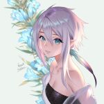  1girl aqua_eyes artist_name bangs banned_artist bare_shoulders blue_flower breasts cleavage collarbone commentary_request elf eyebrows_visible_through_hair floral_background flower from_side hair_between_eyes looking_at_viewer looking_to_the_side midori_fuu original parted_lips pointy_ears see-through short_hair_with_long_locks sidelocks silver_hair small_breasts solo strapless 