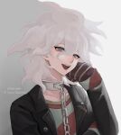  1boy :d absurdres bangs black_jacket brown_gloves chain chained cheek_rest collar collarbone commentary_request danganronpa_(series) danganronpa_another_episode:_ultra_despair_girls gloves grey_background grey_hair hair_between_eyes hand_on_own_cheek hand_on_own_face heart heart_in_eye highres jacket komaeda_nagito leather leather_jacket long_sleeves looking_at_viewer male_focus medium_hair messy_hair metal_collar open_clothes open_mouth shirt smile solo striped striped_gloves striped_shirt symbol_in_eye tms_2024 two-tone_background upper_body upper_teeth white_background 