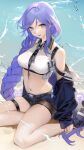  1girl azur_lane beach belt bike_shorts biloxi_(azur_lane) blue_eyes blue_hair braid collar crop_top fishnets highres jacket jacket_removed long_hair midriff navel necktie ocean ohisashiburi shorts shoulder_strap sitting thigh_strap very_long_hair 