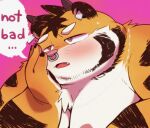  2021 anthro beard english_text facial_hair felid hi_res kemono male mammal moobs nipples overweight overweight_male pantherine pink_nose portrait solo text tiger uokkom 
