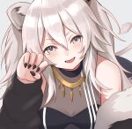  1girl animal_ears appo_(36786257) bare_shoulders blush breasts fangs fur-trimmed_jacket fur_trim gao grey_eyes grey_hair hair_between_eyes highres hololive jacket jewelry lion_ears lion_tail long_hair looking_at_viewer medium_breasts necklace open_mouth shishiro_botan solo tail virtual_youtuber 