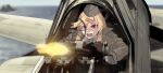  1girl aircraft airplane blonde_hair brown_headwear brown_jacket browning_m1919 commentary_request firing girls_frontline gun hair_ornament hairclip hat jacket light_machine_gun long_hair long_sleeves m1919_(girls_frontline) midway_(movie) muzzle_flash ocean open_clothes open_jacket open_mouth parody red_eyes solo tab_(tabkun) weapon 