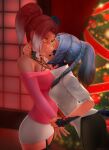  2girls artist_name black_legwear black_pants blue_hair braid breasts christmas christmas_tree closed_eyes commentary commission cowboy_shot earrings final_fantasy final_fantasy_xiv garter_straps hand_on_another&#039;s_neck height_difference highres holding_mistletoe jewelry kiss large_breasts medium_breasts mistletoe multiple_girls off_shoulder pants pink_shirt ponytail raeenay red_hair shirt skirt tail taut_clothes thighhighs thighs tight tight_pants white_shirt white_skirt wrist_grab yellow_eyes yuri 