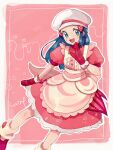  1girl :d apron blue_eyes blue_hair blush commentary_request dawn_(pokemon) dress eyelashes hair_ornament hairclip hand_up hanenbo hat heart highres knees mittens open_mouth outline pink_background pink_dress pokemon pokemon_(game) pokemon_masters_ex red_mittens short_sleeves sidelocks smile solo teeth tongue white_headwear 