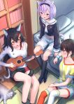  3girls animal_ears asymmetrical_shirt bare_legs black_hair black_legwear cat cat_ears cat_tail hair_between_eyes highres hololive indoors instrument kneehighs long_hair long_sleeves midriff mismatched_legwear multicolored_shirt multiple_girls music nekomata_okayu no_hat no_headwear on_bed ookami_mio oozora_subaru playing_instrument purple_eyes purple_hair roke_(taikodon) sailor_collar sailor_shirt shirt short_hair short_shorts shorts single_wrist_cuff sitting sitting_on_bed sitting_on_ground striped striped_shirt tail tail_around_leg thighs two-tone_shirt ukulele very_long_hair white_shirt white_shorts wolf_ears wolf_tail yellow_eyes 