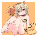  1girl animal_ears animal_print bandeau bangs bare_legs bare_shoulders barefoot black_choker blush brown_background brown_eyes brown_hair character_request choker collarbone commentary_request eyebrows_visible_through_hair fake_animal_ears feet freckles gloves hair_between_eyes highres knees_up legs looking_at_viewer multicolored_hair naga_u open_mouth paw_gloves paws print_shorts red_hair short_shorts shorts sitting smile soles solo streaked_hair tail tiger_ears tiger_print tiger_tail toranoana two-tone_background white_background yellow_gloves yellow_shorts 