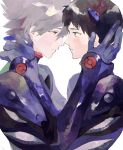 2boys black_hair blue_eyes bodysuit close-up closed_mouth en_(54650890) evangelion:_3.0_you_can_(not)_redo expressionless eye_contact eyelashes face-to-face from_side grey_hair hairpods half-closed_eyes hands_on_another&#039;s_head hands_on_another&#039;s_neck hands_up highres ikari_shinji jitome looking_at_another male_focus multiple_boys nagisa_kaworu neon_genesis_evangelion pale_color parted_lips plugsuit profile purple_bodysuit rebuild_of_evangelion red_eyes sad simple_background upper_body white_background yaoi 