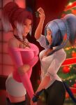  2girls arm_under_breasts artist_name black_legwear black_pants blue_eyes blue_hair braid breasts christmas christmas_tree cleavage commentary commission cowboy_shot earrings eye_contact final_fantasy final_fantasy_xiv garter_straps half-closed_eyes hand_on_own_elbow height_difference highres holding_hands holding_mistletoe jewelry large_breasts looking_at_another medium_breasts mistletoe multiple_girls off_shoulder open_mouth pants pink_shirt ponytail raeenay red_hair shirt skirt tail taut_clothes thighhighs thighs tight tight_pants white_shirt white_skirt yellow_eyes yuri 