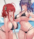  2girls ahoge azur_lane bangs bare_shoulders beach bikini black_bikini blue_hair blush breasts cleavage collarbone highres large_breasts licking_lips long_hair looking_at_viewer multiple_girls navel orange_eyes pola_(azur_lane) ponytail red_eyes red_hair satou_aji side_ponytail sidelocks smile swimsuit tongue tongue_out wet zara_(azur_lane) 