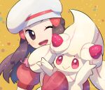  1girl :&gt; alcremie alcremie_(strawberry_sweet) brown_eyes brown_hair commentary_request dawn_(pokemon) dress eyelashes gen_8_pokemon hair_ornament hairclip hat head_tilt highres holding holding_pokemon mittens nullma one_eye_closed open_mouth pokemon pokemon_(creature) pokemon_(game) pokemon_masters_ex red_dress red_mittens short_sleeves signature smile teeth tongue white_headwear 