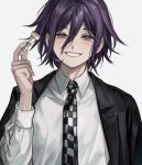  1boy bangs black_jacket checkered checkered_neckwear chess_piece collared_shirt danganronpa_(series) danganronpa_v3:_killing_harmony grey_background grin hair_between_eyes highres holding jacket jacket_on_shoulders king_(chess) long_sleeves looking_at_viewer male_focus muuyiie necktie official_alternate_costume ouma_kokichi purple_eyes purple_hair shiny shiny_hair shirt simple_background smile solo symbol_commentary teeth upper_body white_background white_shirt 