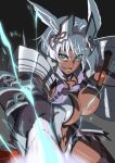  1girl :d animal_ears armor bangs bikini bikini_armor black_background black_gloves black_legwear blue_eyes body_markings breasts caenis_(fate) cleavage collarbone commentary_request cowboy_shot dark_skin dark_skinned_female electricity eyebrows_visible_through_hair fate/grand_order fate_(series) faulds gauntlets gloves groin hair_between_eyes hair_intakes headpiece highleg highleg_bikini highres holding holding_shield holding_spear holding_weapon large_breasts long_hair looking_at_viewer lower_teeth midriff navel open_mouth polearm shield shoulder_armor sidelocks simple_background smile solo spear standing swimsuit thighhighs torn_clothes torn_legwear waist_cape weapon white_armor white_hair yuukami_(wittsu) 