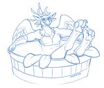  4_ears anthro archgryphon avian bath bathing bathtub beak bird black_and_white blue_and_white claws curved_horn digitigrade feathered_crest feathers feet gryphon head_crest hindpaw horn line_art looking_at_viewer male monochrome multi_ear muscular mythological_avian mythology pawpads paws pecs pupils raptor_claws royalty_(artist) sekr sekr-et-tiar_(sekr) sketch slit_pupils smile smirk solo talons water wings 