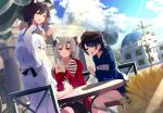  4girls animal_ears black_hair blue_hoodie blurry blurry_background casual cloud cloudy_sky commentary_request cup day eyebrows_visible_through_hair fams_(group) fang fox_ears fox_girl green_eyes grey_hair hair_between_eyes hair_ribbon highres holding holding_cup hololive hood hoodie horns jacket long_hair looking_at_another multicolored_hair multiple_girls nakiri_ayame oni_horns ookami_mio oozora_subaru open_clothes open_jacket open_mouth outdoors red_eyes red_hair red_jacket ribbon shirakami_fubuki shirt short_hair sitting sky smile striped striped_shirt sweater two-tone_hair virtual_youtuber wayuzz99 white_hair white_shirt wolf_ears wolf_girl yellow_eyes 
