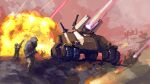  2boys absurdres english_commentary explosion firing ground_vehicle gun highres holding holding_gun holding_weapon hood hood_up laser looking_ahead mike_doscher military military_vehicle motor_vehicle multiple_boys original science_fiction tank weapon 