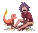  1boy bangs barefoot charmander child_drawing commentary_request dark_skin dark_skinned_male eyelashes fire gen_1_pokemon highres knees korean_commentary leon_(pokemon) male_focus medium_hair missing_tooth open_mouth pokemon pokemon_(creature) pokemon_(game) pokemon_swsh purple_hair red_shirt redlhzz shirt short_sleeves shorts sitting smile soles starter_pokemon t-shirt teeth toes yellow_eyes yellow_shorts younger 