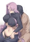  1boy 1girl barlunn black_sweater blush clothes_lift fate/stay_night fate_(series) glasses highres long_hair long_sleeves looking_at_viewer purple_eyes purple_hair rider sweater sweater_lift very_long_hair 