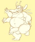  2021 4_arms 4_fingers 4_toes alien antennae_(anatomy) anthro anthrofied back_spines balls belly diphallism disney experiment_(lilo_and_stitch) feet fingers genitals gesture grin hands_on_hips head_tuft horizontal_diphallism lilo_and_stitch male multi_arm multi_genitalia multi_limb multi_penis navel notched_ear nude obese obese_anthro obese_male overweight overweight_anthro overweight_male penis simple_background sketch smile solo stitch_(lilo_and_stitch) terribletanuki toes tuft v_sign yellow_background 