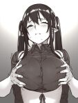  1girl ^^^ apron blush breasts closed_mouth collared_shirt elf_(houtengeki) grabbing grabbing_from_behind gradient gradient_background grey_background groping half-closed_eyes houtengeki large_breasts long_hair monochrome one_eye_closed original pointy_ears shirt solo_focus sweat twintails upper_body wing_collar 