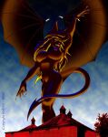  1998 anthro building chiropteran colored demon digital_drawing_(artwork) digital_media_(artwork) digital_painting_(artwork) fangs female hair kolt long_hair long_tail looking_away macro mammal night ominous plant raised_hand solo spread_wings tongue tongue_out tree wings 