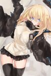  1girl an_fyhx arknights ass_visible_through_thighs black_jacket black_legwear black_skirt blonde_hair blush breasts commentary durin_(arknights) eyebrows_visible_through_hair eyelashes from_above hair_between_eyes highres jacket large_breasts long_hair looking_at_viewer lying miniskirt name_tag on_back open_clothes open_jacket pleated_skirt pointy_ears shirt skindentation skirt solo thighhighs thighs white_shirt 