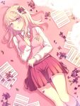  1girl :o ahoge akamatsu_kaede bangs beamed_eighth_notes beamed_sixteenth_notes blonde_hair blush breasts collared_shirt commentary_request curtains danganronpa_(series) danganronpa_v3:_killing_harmony eighth_note flower hair_ornament hand_up indoors long_hair long_sleeves looking_at_viewer lying medium_breasts miniskirt misumi_(71_fq) musical_note musical_note_hair_ornament necktie on_back open_mouth petals pink_eyes pink_vest pleated_skirt quarter_note school_uniform sheet_music shirt skirt solo striped sweater_vest vest yellow_eyes 
