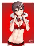  1girl absurdres bikini blush border bow breasts brown_eyes brown_hair christmas cleavage closed_mouth collarbone eyebrows_visible_through_hair gertrud_barkhorn hair_bow hair_ornament highres large_breasts looking_at_viewer navel red_background red_bikini red_border red_shorts satukiookami shiny shiny_hair shiny_skin short_twintails shorts simple_background smile solo strike_witches swimsuit twintails upper_body world_witches_series 
