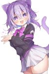  1girl animal_ear_fluff animal_ears black_sweater cat_ears cat_tail gau_(n00_shi) hands_together hololive looking_at_viewer miniskirt nekomata_okayu open_mouth purple_eyes purple_hair short_hair simple_background skirt smile solo sweater tail thighhighs thighs virtual_youtuber white_background white_legwear white_skirt zettai_ryouiki 