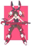  1girl 9s0ykoyama117 absurdres akiyama_yukari alternate_costume animal_ears bangs black_legwear black_leotard black_neckwear border bow bowtie breasts brown_eyes brown_hair bunny_ears cleavage collar covered_navel detached_collar energy_gun exoskeleton fake_animal_ears frown full_body girls_und_panzer highres holding holding_weapon huge_weapon leotard looking_at_viewer medium_breasts messy_hair open_mouth pantyhose playboy_bunny red_background short_hair solo standing strapless strapless_leotard weapon white_border white_collar wing_collar wrist_cuffs 