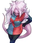  1girl android_21 breasts checkered checkered_dress closed_mouth colored_skin dragon_ball dragon_ball_fighterz dress from_above glasses gloves hands_on_hips kemachiku long_hair majin_android_21 medium_breasts pink_skin pointy_ears red_eyes red_gloves simple_background solo tail white_background white_hair 