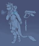  anthro backpack bedroll breath clothed clothing derala_keldral domestic_cat dragon felid feline felis female frostwyrm102 fully_clothed gloves gradient_background gun handwear horn hybrid knee_pads knife mammal overcoat ranged_weapon rope scarf simple_background solo tail_tuft traditional_media_(artwork) tuft weapon 