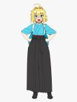  1girl :d ahoge bangs black_footwear black_hakama blonde_hair blue_eyes crossed_bangs eyebrows_visible_through_hair facing_viewer fang full_body hair_between_eyes hair_intakes hakama hands_on_hips highres japanese_clothes legs_apart looking_at_viewer okunin open_mouth short_hair simple_background sleeves_past_elbows smile solo standing tetra_(vtuber) tetra_channel white_background 