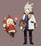  1boy 1girl :d ^_^ albedo_(genshin_impact) animal_ears animal_hood bangs black_footwear blonde_hair blue_eyes boots braid brown_background brown_bag brown_gloves bunny_ears bunny_hood closed_eyes coat expressionless fold-over_boots full_body genshin_impact gloves grey_hair hair_bobbles hair_ornament highres hood jumping kemonomimi_mode klee_(genshin_impact) making-of_available marimo_jh multicolored_coat open_mouth puffy_shorts red_coat red_hood short_twintails shorts simple_background smile standing symbol_commentary twintails vision_(genshin_impact) 