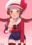  1girl absurdres blush brown_eyes brown_hair brown_legwear commentary_request eyelashes food food_on_face hat hat_ribbon heart heart_in_eye highres holding ice_cream ice_cream_cone ice_cream_on_face leaning_forward long_hair looking_at_viewer lyra_(pokemon) norza open_mouth overalls pokemon pokemon_(game) pokemon_hgss red_shirt ribbon sexually_suggestive shirt signature sleeves_past_elbows solo strap_slip symbol_in_eye teeth thighhighs tongue twintails white_headwear 