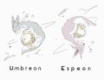  animal_focus character_name closed_eyes commentary_request english_text espeon forehead_jewel from_side full_moon gen_2_pokemon grey_background kamonabe_(kamonabeekon) moon no_humans pokemon pokemon_(creature) profile simple_background sketch star_(symbol) symmetry umbreon 