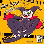  absurd_res anthro anus blush clothing dialogue digimon digimon_(species) dwarfism english_text female flat_chested genitals gloves green_eyes handwear hi_res impmon mostly_nude navel nipples ponporio_(artist) presenting pussy scarf solo text 