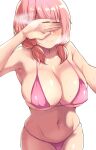  1girl bang_dream! bikini blush breasts censored cleavage closed_mouth covered_eyes covered_nipples cowboy_shot heavy_breathing highres identity_censor large_breasts low_twintails medium_hair micro_bikini navel owafu pink_bikini pink_hair self_shot short_twintails simple_background skindentation smile solo standing stomach sweat swimsuit thong_bikini twintails uehara_himari white_background 