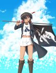  1girl absurdres bangs beni_(bluebluesky) black_coat black_footwear black_hair blouse blue_eyes blue_neckwear blue_sky blurry blurry_background boots bow cloud cloudy_sky coat commentary dark_skin depth_of_field dixie_cup_hat flag girls_und_panzer grin hair_bow hair_over_one_eye hand_on_hip hat hat_feather highres holding holding_flag horizon jolly_roger knee_boots long_coat long_hair long_sleeves looking_at_viewer midriff military_hat miniskirt mouth_hold navel neckerchief ocean ogin_(girls_und_panzer) ooarai_naval_school_uniform open_clothes open_coat outdoors pipe pleated_skirt ponytail red_bow sailor sailor_collar school_uniform skirt sky smile solo standing white_blouse white_headwear white_skirt wind 