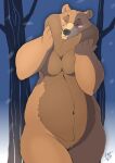  2019 anthro blush brown_bear chubby_female female genitals hi_res mammal navel nude plant pussy snow solo tree tuft ukabor ursid ursine 