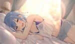  1girl :d backlighting bare_shoulders bed_sheet blue_eyes blue_hair blush bra breasts camisole cleavage desk_lamp dolphin_shorts envyvanity grey_shorts heart hololive hoshimachi_suisei lamp long_hair looking_at_viewer lying navel on_bed on_side open_mouth panties panty_peek pillow purple_bra purple_panties see-through short_shorts shorts shorts_pull small_breasts smile solo stomach translation_request underwear upper_teeth 