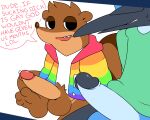  absurd_res balls bodily_fluids bottomless cartoon_network clothed clothing dialogue erection genital_fluids genitals hi_res hoodie male mammal mordecai_(regular_show) multicolored_clothing penis precum procyonid raccoon rainbow_clothing regular_show rigby_(regular_show) sagemerric sweat topwear 
