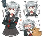  1girl ? angry bangs black_sailor_collar black_shirt blush braid breasts cat clenched_teeth closed_eyes closed_mouth collarbone commentary_request danganronpa_(series) danganronpa_2:_goodbye_despair frown furukawa_(yomawari) glasses hair_ribbon highres long_hair long_sleeves looking_at_viewer multiple_views neckerchief open_mouth pekoyama_peko red_eyes red_neckwear ribbon sailor_collar school_uniform semi-rimless_eyewear serafuku shirt simple_background skirt sparkle spoken_question_mark sweat teeth twin_braids upper_body white_background 