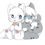  1:1 ambiguous/ambiguous ambiguous_gender blue_eyes blush canid canine canis changed_(video_game) chano duo fin fish food fur grey_body hair hug kneeling lin_(changed) mammal marine open_mouth pawpads paws shark sitting smile stripes the_shark_(changed) white_body white_fur white_hair wolf young 