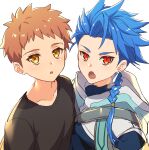  2boys black_shirt blue_hair braid brown_hair chiharudaaaaaaa cu_chulainn_(fate)_(all) earrings emiya_shirou fang fate/grand_order fate/stay_night fate_(series) highres hood hood_down jewelry looking_at_viewer multiple_boys open_mouth red_eyes setanta_(fate) shirt side-by-side simple_background single_braid white_background yellow_eyes younger 