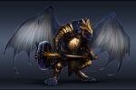  anthro armor biped blue_body bone_frill claws dragon frill_(anatomy) gold_(metal) hammer hi_res isvoc male open_mouth scales scalie simple_background solo teeth tools western_dragon wings zo&#039;tesh 