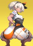  1girl ass barefoot bea_(pokemon) blue_eyes bow breasts cameltoe dark_skin gloves gradient gradient_background hair_bow highres looking_at_viewer looking_back nuezou pokemon pokemon_(game) pokemon_swsh short_hair silver_eyes silver_hair small_breasts solo squatting twisted_torso yellow_background 