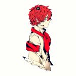  1boy 3kuma armband ascot bandaid bandaid_on_nose coat colored_skin cropped_torso expressionless flag from_side fukase headset male_focus official_art profile red_eyes red_hair red_neckwear scar scar_on_face upper_body vocaloid white_background white_coat white_skin 