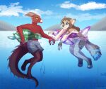  anthro bikini blue_eyes blue_highlights brown_hair canid canine canis claws clothing cloud couple_(disambiguation) dragon duo echo_(echoic) female floating fluffy fluffy_tail fur hair hand_holding highlights_(coloring) horn inflatable_toy lake male male/female mammal outside plant red_body red_scales romantic_couple scales scalie sky smile strawberryneko swimwear tan_body tan_fur tree water wolf yellow_eyes young 